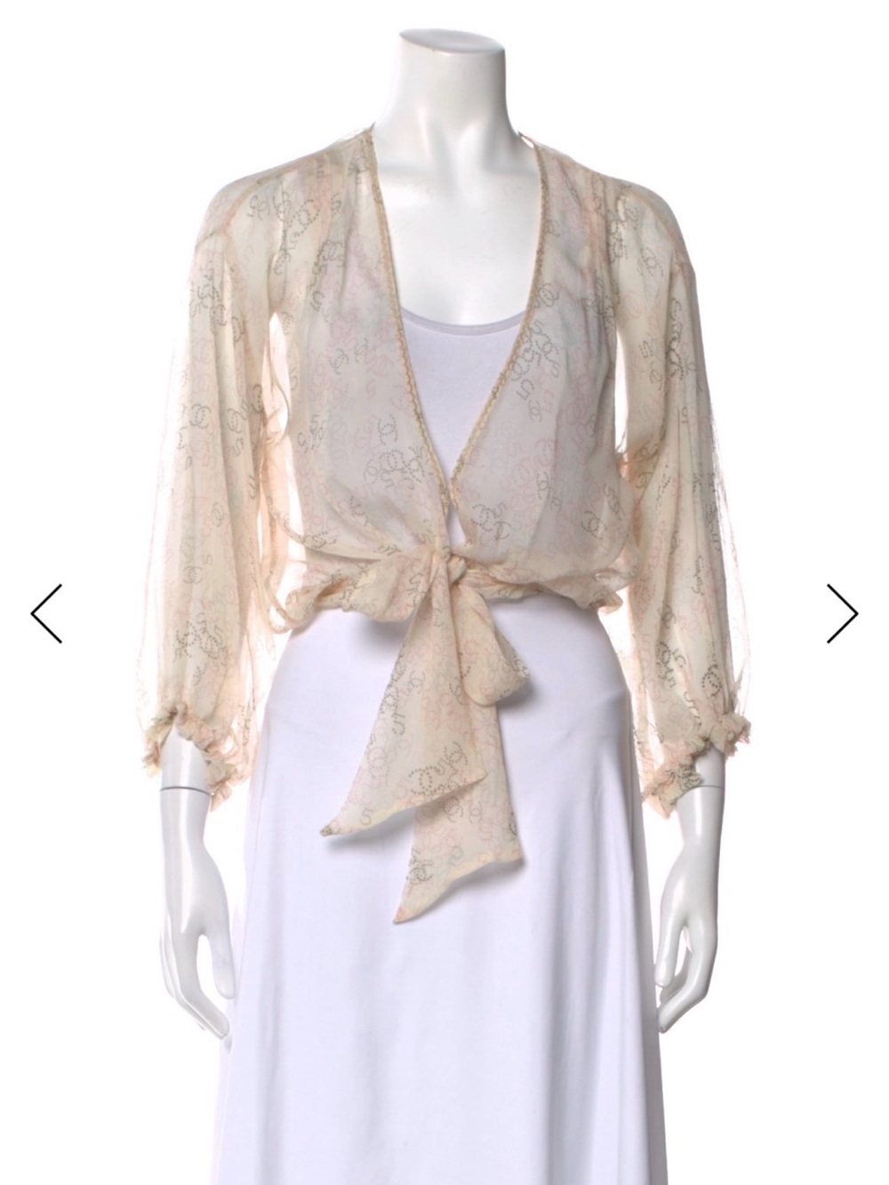 CHANEL Sheer Pale Beige Tie-Front Blouse